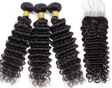 Bundle Deals With Closure Deep Wave Virgin Human Hair Natural Black