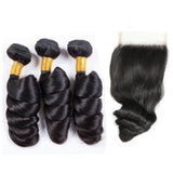 Bundle Deals With Closure Loose Wave Virgin Human Hair Natural Black